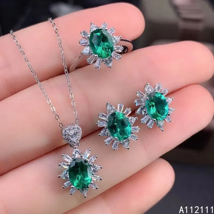 

Fine Jewelry 925 Pure Silver Inset With Natural Gem Women's Luxury Popular Flower Green Topaz Pendant Ring Earring Set Support D