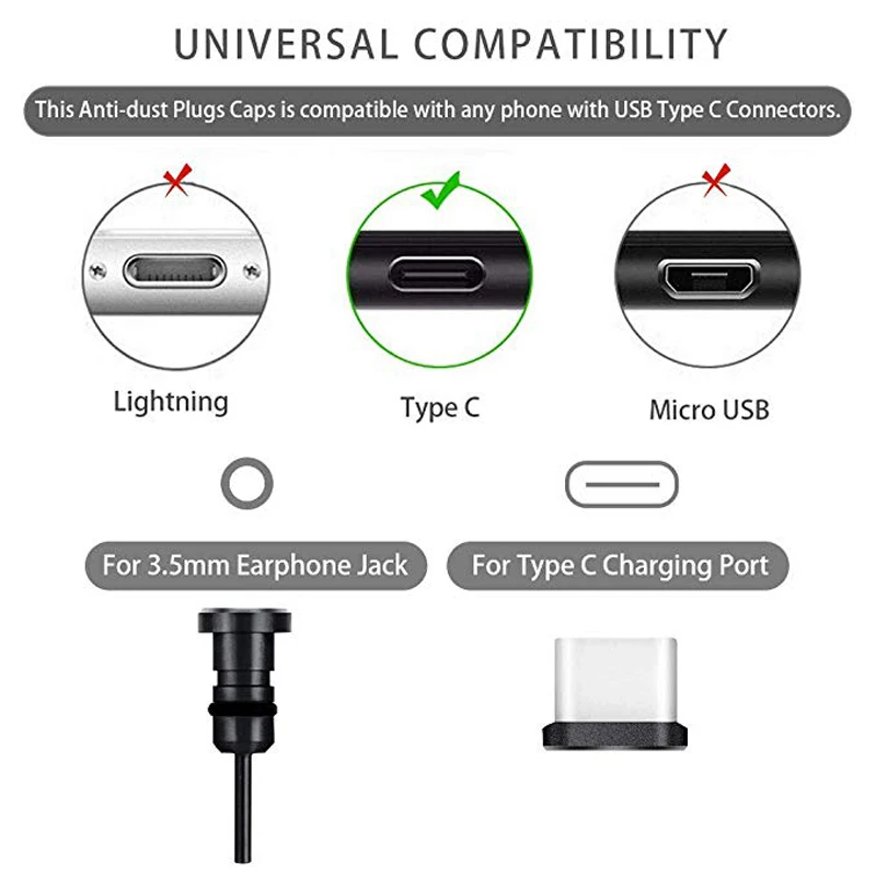 2Pcs Type C Metal Charging Port Earphone Port Dust Plug Replacement For Type-c Mobile Phone 3.5mm Headset Stopper Solid Colors