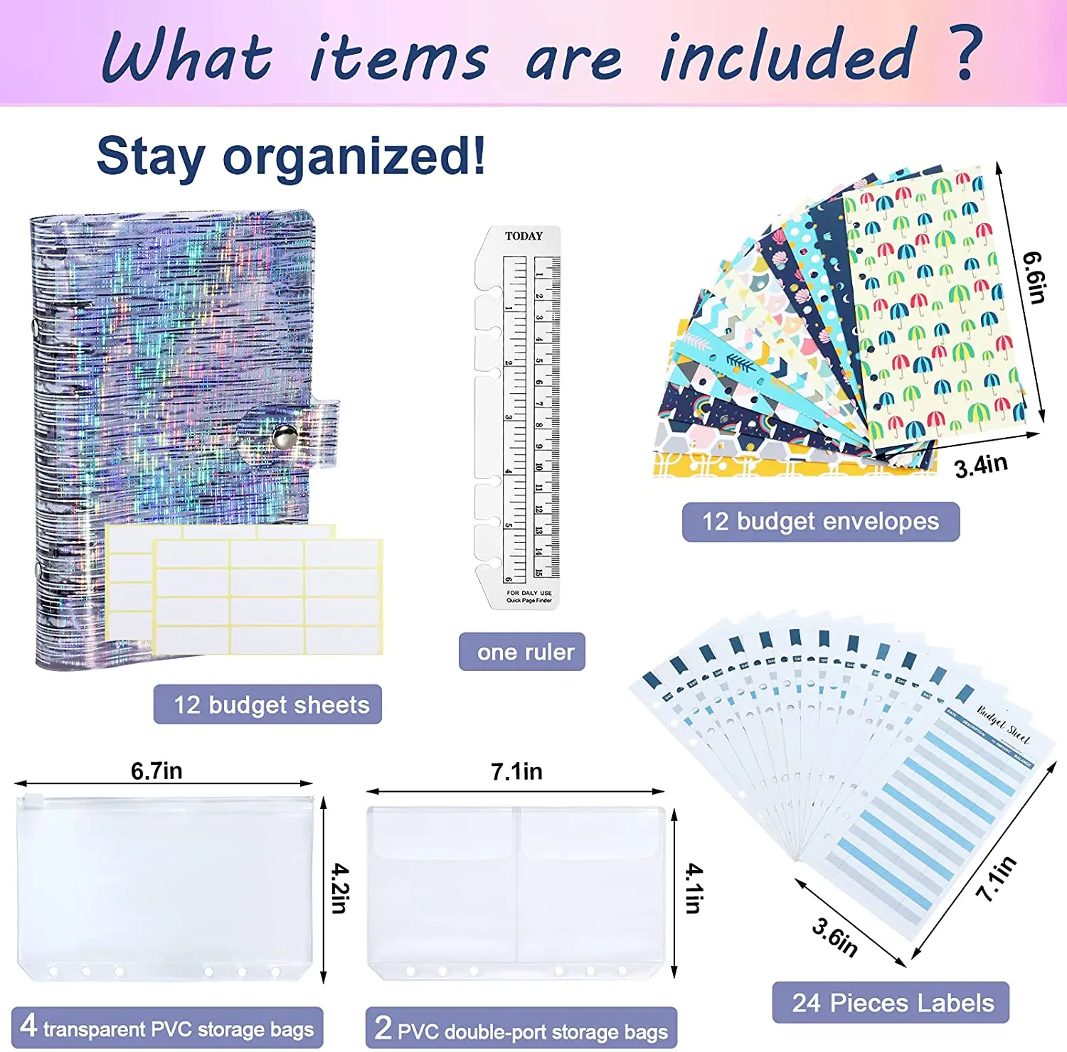 34 Pcs Budget Binder Cash Envelope Planner System, with Money Envelopes,Expense Budget Sheets, PVC Storage Bags, Labels, Ruler