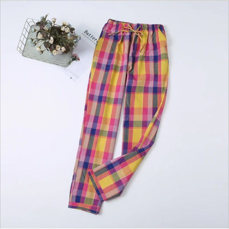 Spring Autumn Women 100% Cotton Sleep Pants Ladies Casual Plaid Lounge Wear Pants Female Plus Size Home Pants Pantalon