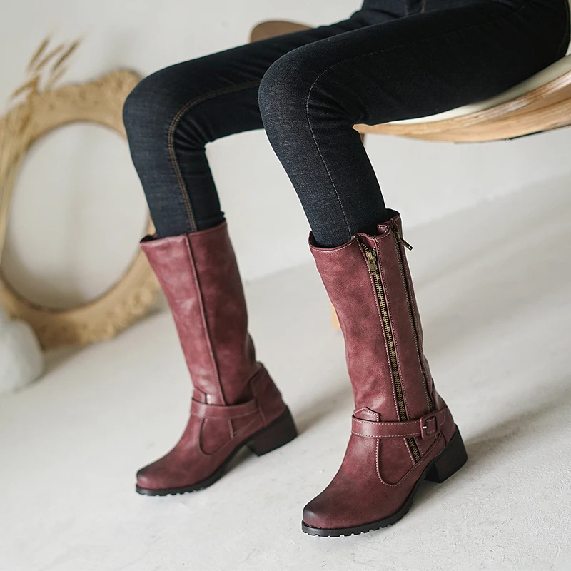 Double Zipper Belt Buckle Thick Heel Big Toe Shoes Green Round Toe Print Mid-Calf Boots Beige Car Stitching Women's Boots