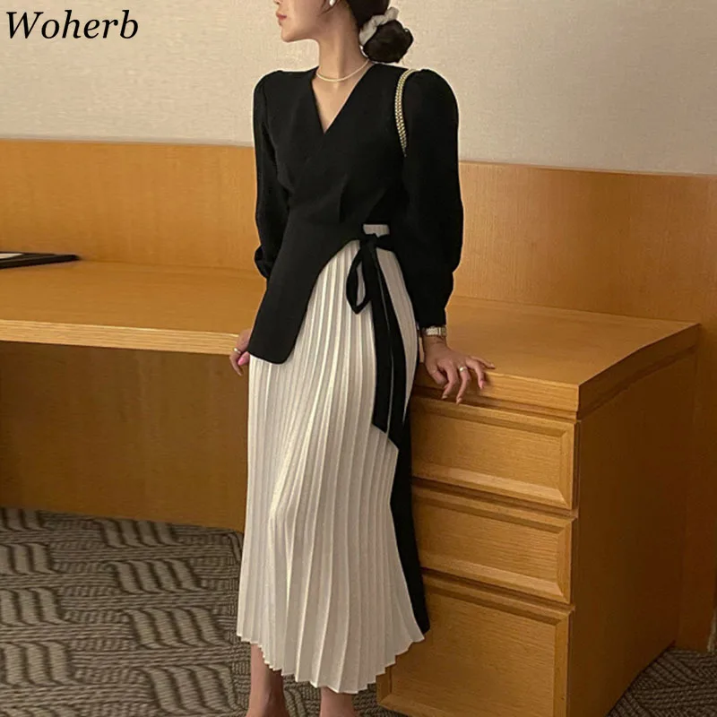 Woherb Korean Elegant Temperament V-neck Cross Belt Patchwork Fake Two-piece Pleated Fashion Dress Long Vintage  Vestido