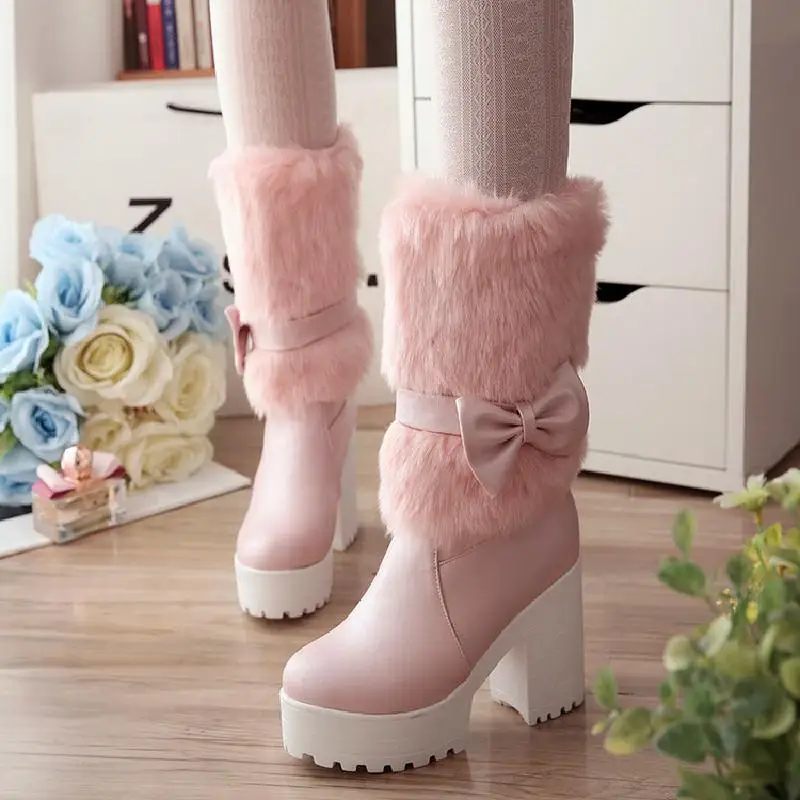 High-heeled snow boots female Lolita sweet bow student fur boots plus cashmere keep warm women shoes cute bowknot kawaii snow