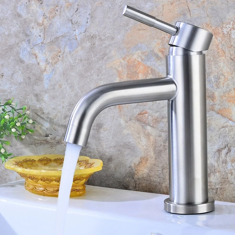 

304 Stainless Steel Basin Faucet Single Handle Single Hole Bathroom Wash Basin Hot and Cold Water Faucet