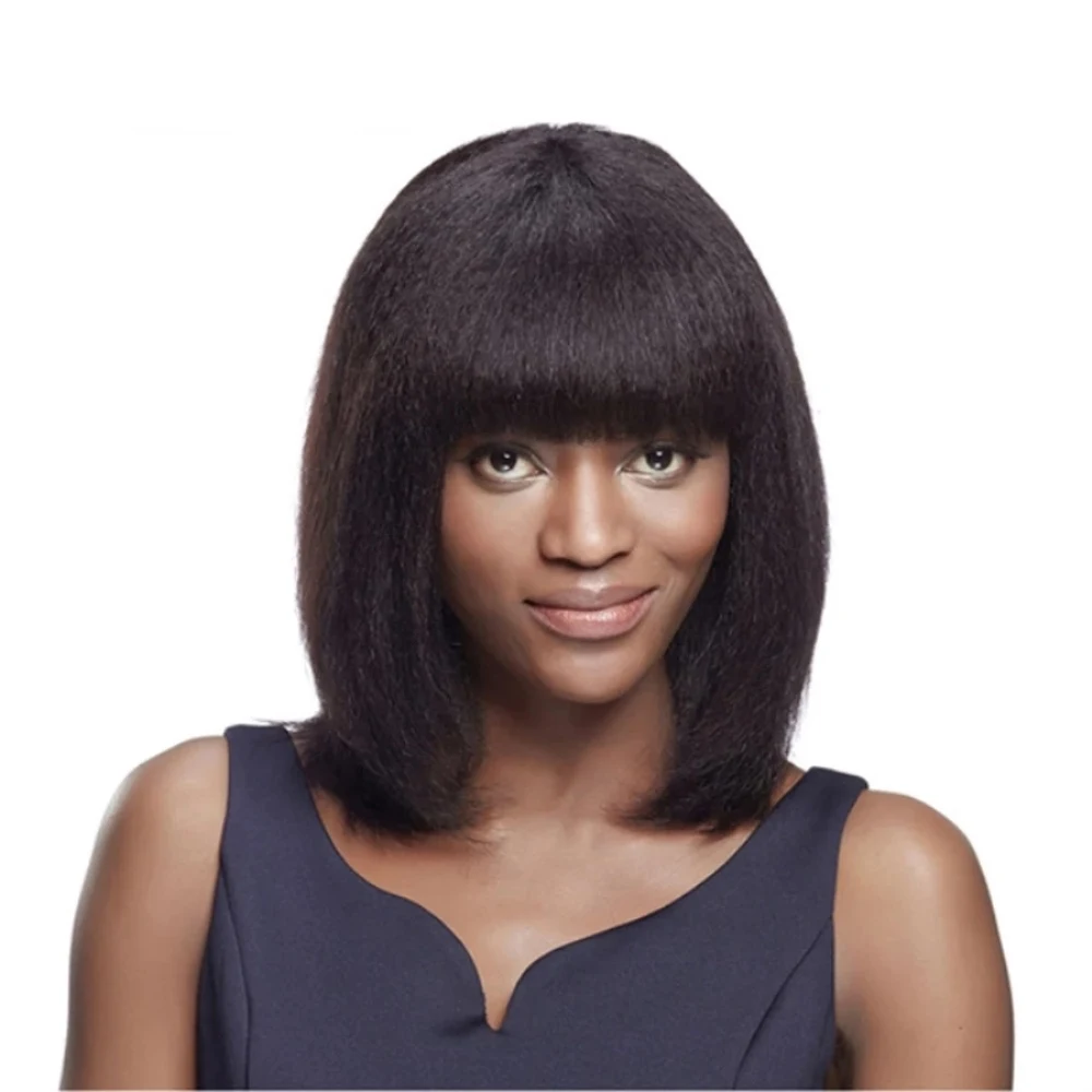 

Yaki Straight Human Hair Bob Wig with Bangs Virgin Malaysian Remy Hair Kinky Straight Scalp Top Wig Natural Black for Women