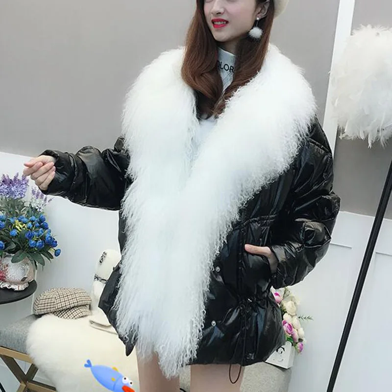 Women Winter Down Jacket Coat Long Warm Silver Parkas Mongolia Sheep Fur Duck Down Coat Parka