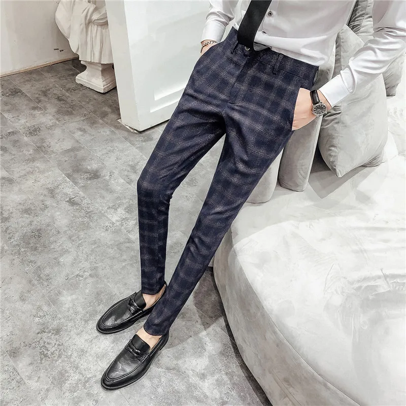 Office Streetwear Casual Trousers Pantalones Hombre Summer Classic Plaid Suit Pant British Style Men Formal Business Dress Pants