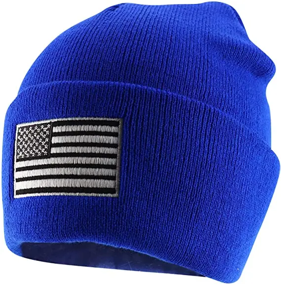 American Flag Embroidered Knit Cuff Long Beanie hat