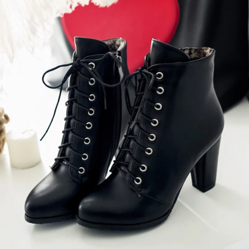 2023 New Women Boots Autumn Ankle Boots for Woman Lace-Up Thick High Heels Fashion botas femininas Winter Shoes Women WSH4136