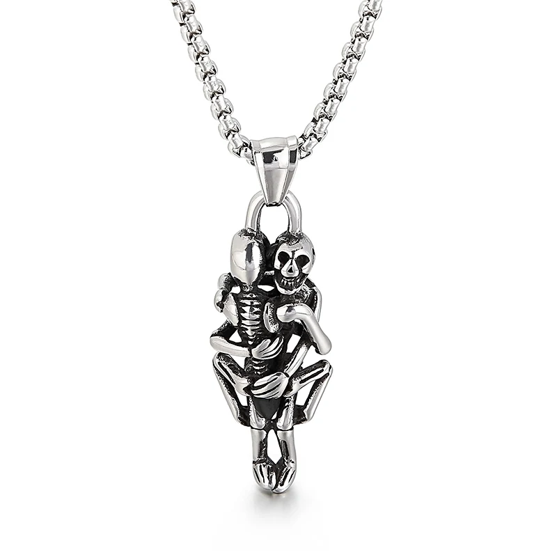 

Mens Womens Stainless Steel Vintage Hugging Skull Skeleton Pendant Love Gothic Necklace Rolo Chain 3mm 24 inch