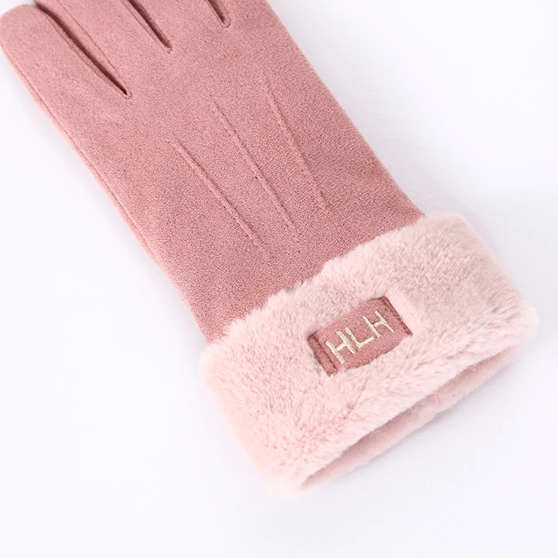 Winter Female Warm Suede Leather Letter Outdoor Sport Cycling Mitten Women Double Thick Plush Touch Screen Driving Glove 81B