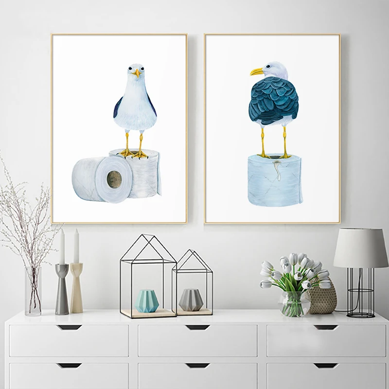 Cute Seagull Funny Bathroom Wall Decoration Poster Canvas Painting Watercolor Animal Art Print Toilet Paper Humour Picture