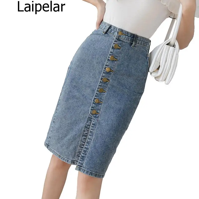 

Spring Summer 2020 New Denim Sheath Wrap Skirts Single-Breasted High Waist Pencil Midi Skirt Front Split Skirts Womens