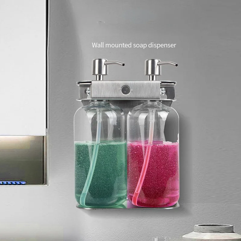 New Single and Double Triple Soap Dispenser Wall-mounted Stainless Steel Manual Press Plastic Shampoo Shower Bottle