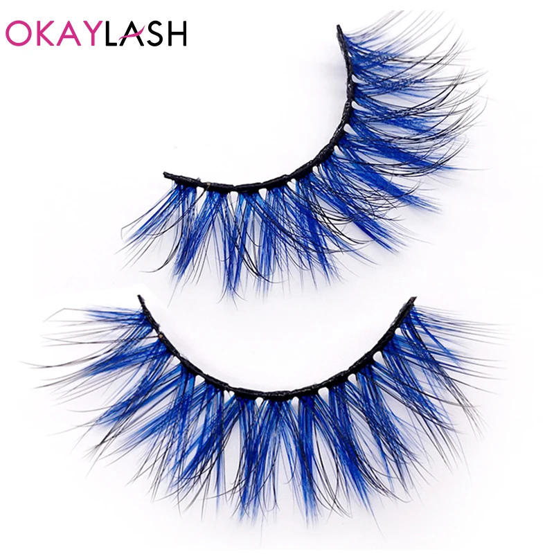 OKAYLASH 3D Dramatic Cruelty Free Faux Mink Colored Eyelashes Natural Long Colorful Blue Eye Lashes for Cosplay Party Make Up