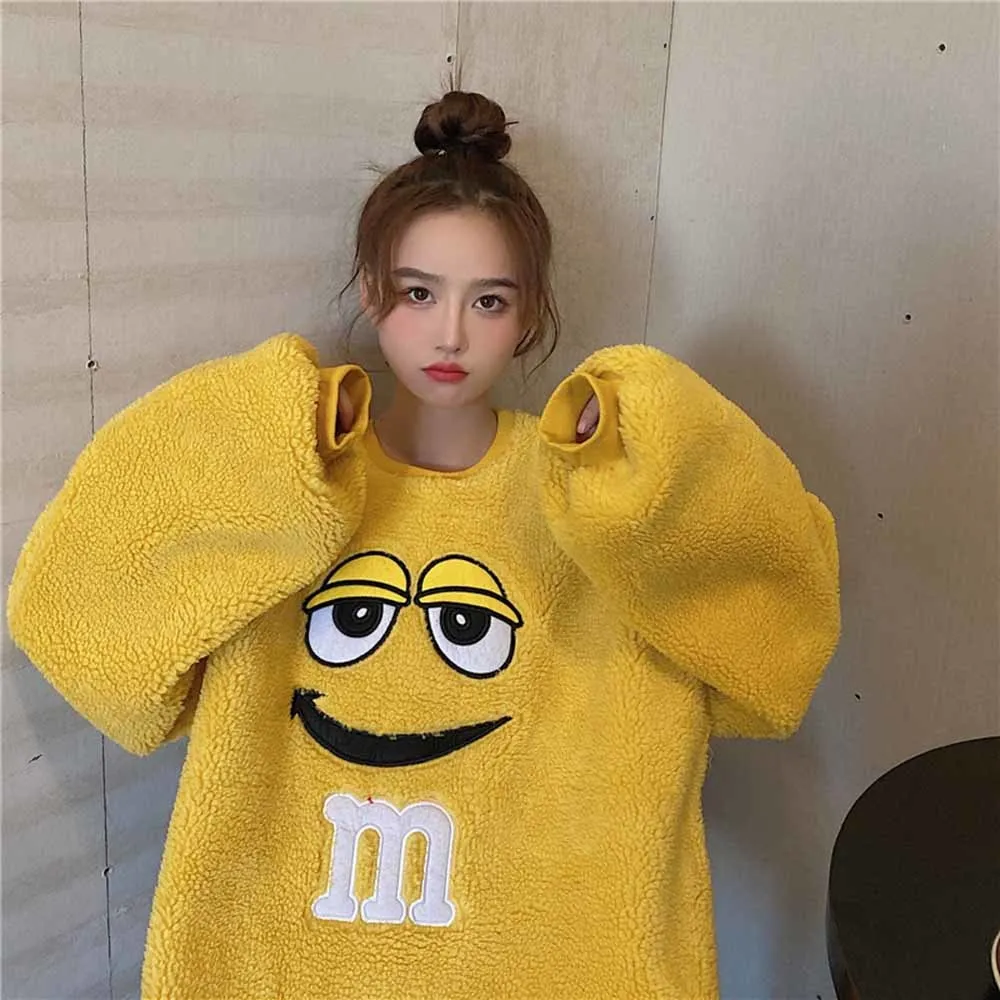 Faux Lamb Wool Hoodies Sweatshirts Women O Neck Cartoon Letter Sweatshirts Long Sleeve Loose Pullocver  Outwear