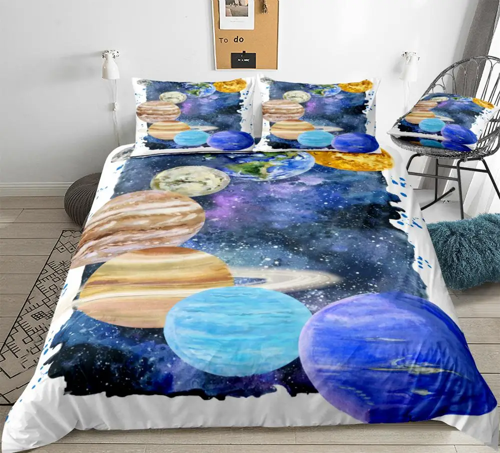 

3pcs Watercolor Space Duvet Cover Set Planets Bedding Kids Boys Girls Quilt Cover Queen Home Textiles King Blue Dropship