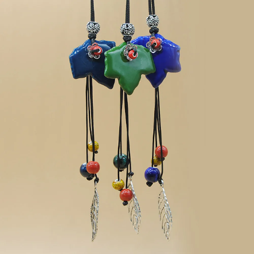 Retro Ethnic style Handmade ceramic Bead Alloy leaves pendant necklace N295