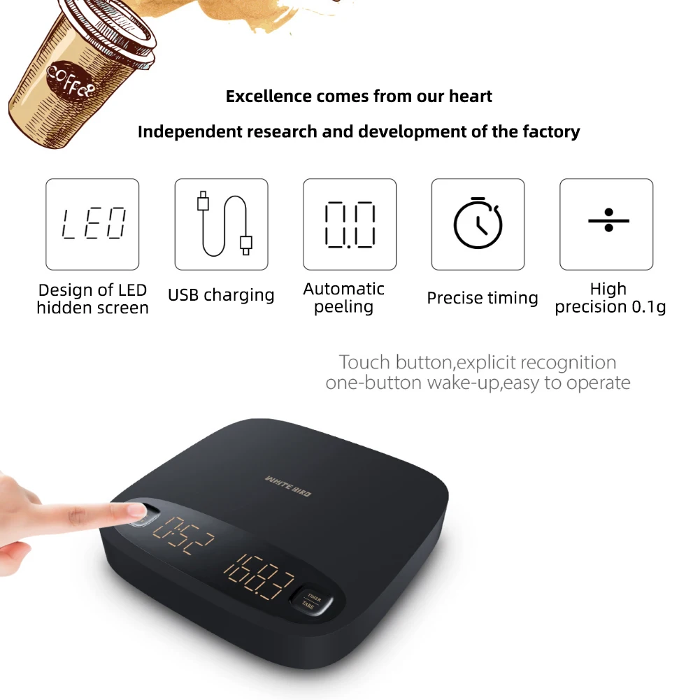 شاشة تعمل باللمس الإلكترونية الرقمية مقياس القهوة مع الموقت شحن USB المطبخ وزنها جداول شاشة الكريستال السائل قياس أدوات 2 كجم/0.1 جرام