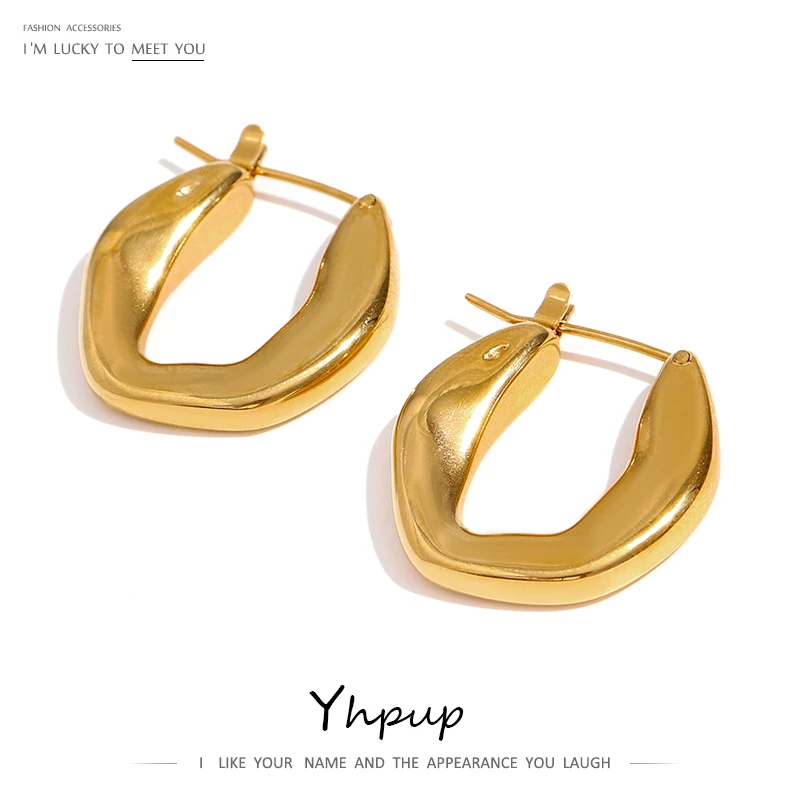 Yhpup 316L Stainless Steel Unusual Earrings High Quality Metal Geometric Golden Hoop Texture Waterproof Jewelry Office Gift