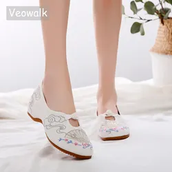 Veowalk Retro Donne di Stile Morbido Cotone Ricamato Ballerine Eleganti Signore Casual di Tela A Piedi Scarpe Basse Scarpe Basse Top Ballerina