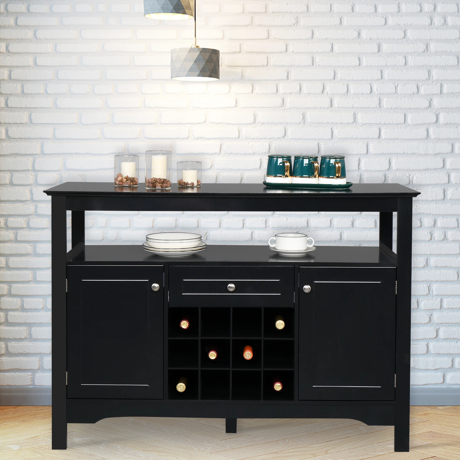 

FCH Two Doors One Drawer With Wine Rack Sideboard Entrance Cabinet Black[US-Stock]