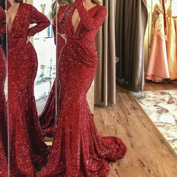 

SuperKimJo Sparkly Party Dresses Abiti Da Cerimonia Red Mermaid Deep V Neck Modest Evening Dresses 2021 Robe De Soiree