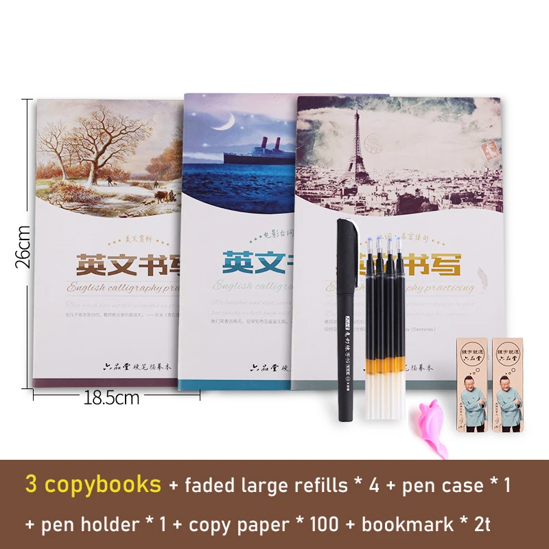 3Pcs Italian Italic Children Adult English Groove Auto Dry Repeat Practice Copybook Hand writing English Word Art Book Pen Set