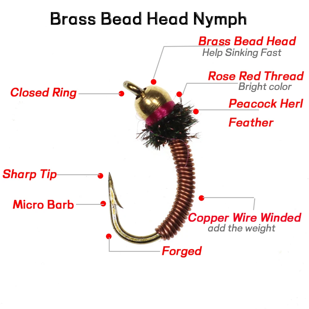 6pcs #12 Brass Bead Head Nymph With Copper Wire Fly Fishing Sinking Nymph Trout Fishing Fly Lure Ice Fishing Lure Bait