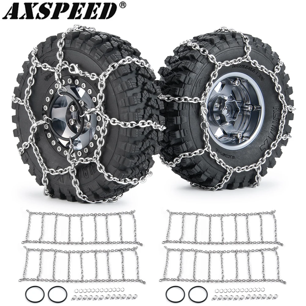 AXSPEED 2 szt. Metalowe łańcuchy śnieżne zapobiegające łańcuchy antypoślizgowe do opon 105/114/120/130mm 1/10 gąsienica RC oś samochodu SCX10 D90