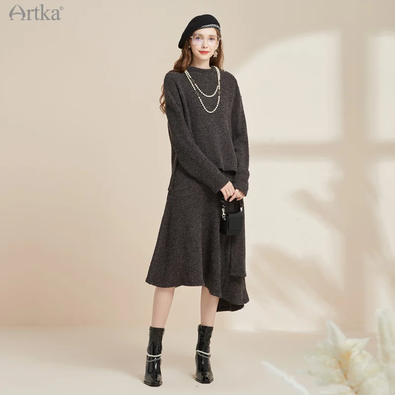 ARTKA 2021 Sweter Wanita Baru Musim Gugur Sweter Rajutan Pullover Leher-o Elegan Rok Rajutan Midi Ruffle Set 2 Potong VA20013D