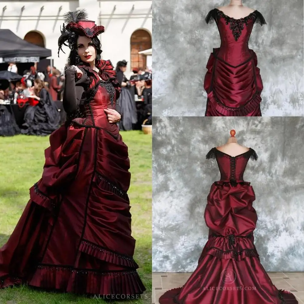 Customized Burgundy Goth Victorian Bustle wedding Gown Vintage Beaded Lace-up Back Corset Top Gothic Outdoor Bride Wedding Gown