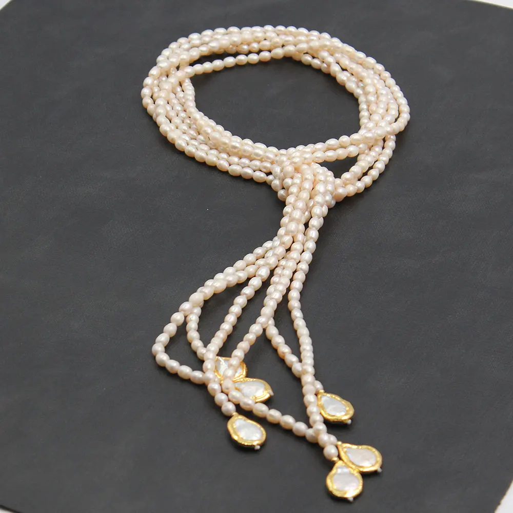 GG 3 Strands Cultured White Rice Pearl Teardrop Keshi Pearl Lariat Long Sweater chain Necklace 50'' Handmade For Women