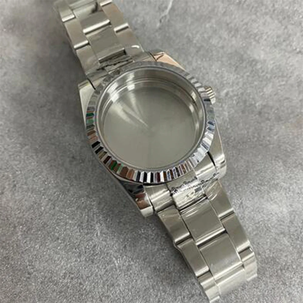 36mm Fluted Bezel Watch Case Oyster Jubilee Bracelet Sapphire Glass Steel Shell For NH35/ NH36 Movement Spare Strap