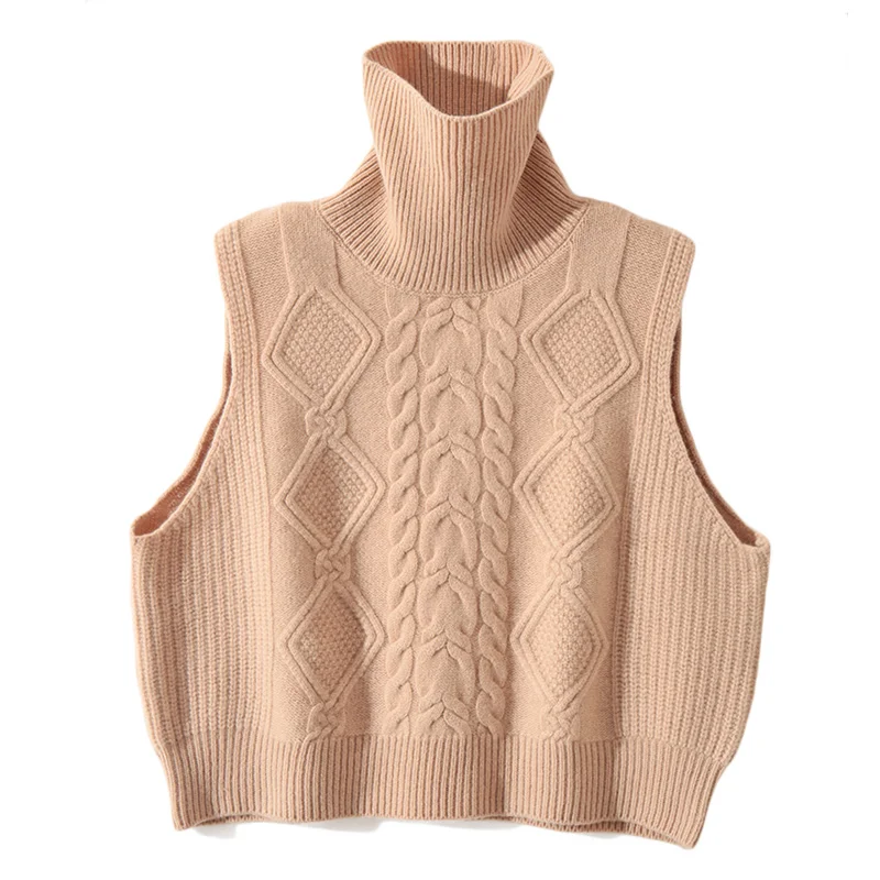 Stereo Cable Turtleneck 100% Fine Wool Big Turn-Down Collar Knitted Women Vest Short Vintage Sleeveless Sweater Twisted Thick