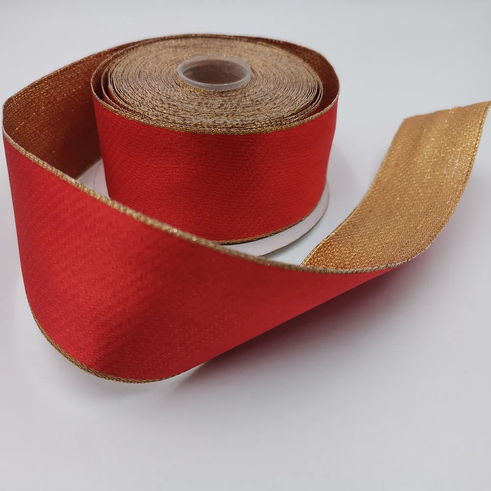 38MM Red Gold Reversible Metallic Wired Ribbon for Christmas Tree Decorations Bow Making New Year Gift Wrapping 10Yards Roll