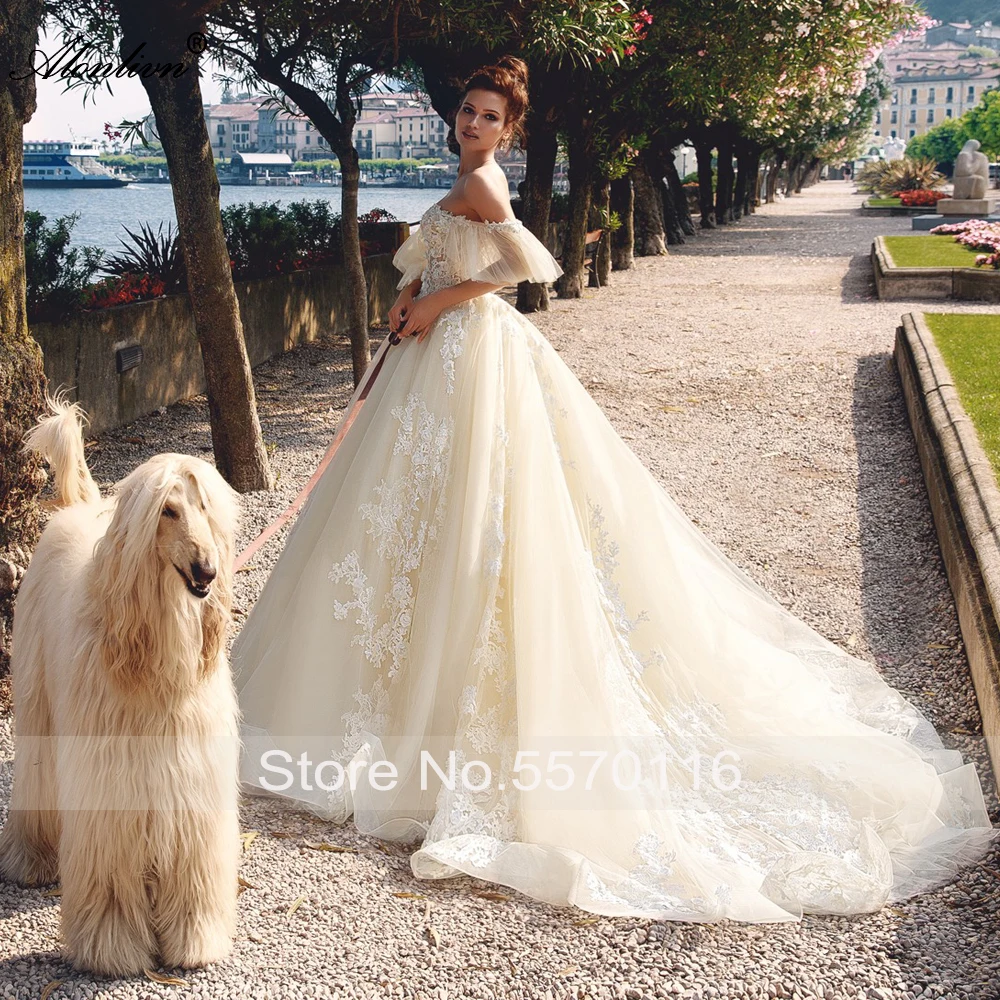 Alonlivn Personalizza Perline di lusso Stampe floreali 3D Abiti da sposa a-line Sweetheart Maniche a sbuffo Abiti da sposa delicati