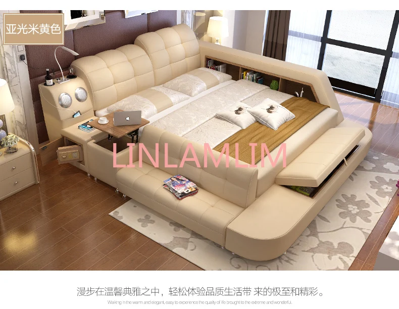 Linlamlim Multifunctional Leather Bed with Tech-Smart Features and Massage Function Tatami Ultimate Camas with Bluetooth Speaker