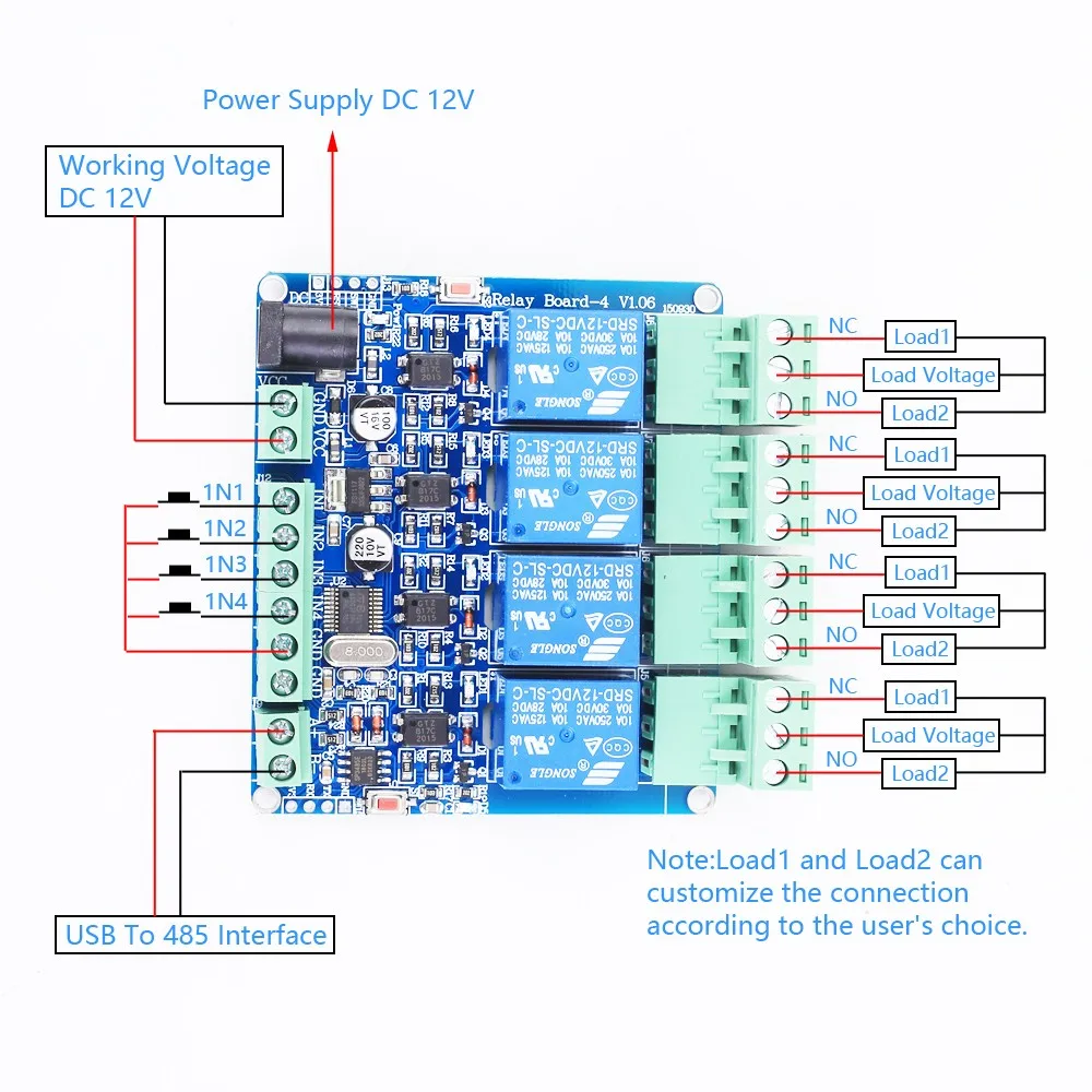 RS485 Modbus-RTU Relay Module Switch Controller 12V 24V 1CH 2CH 3CH 4CH 6CH 8CH TTL Communication AT Command Control