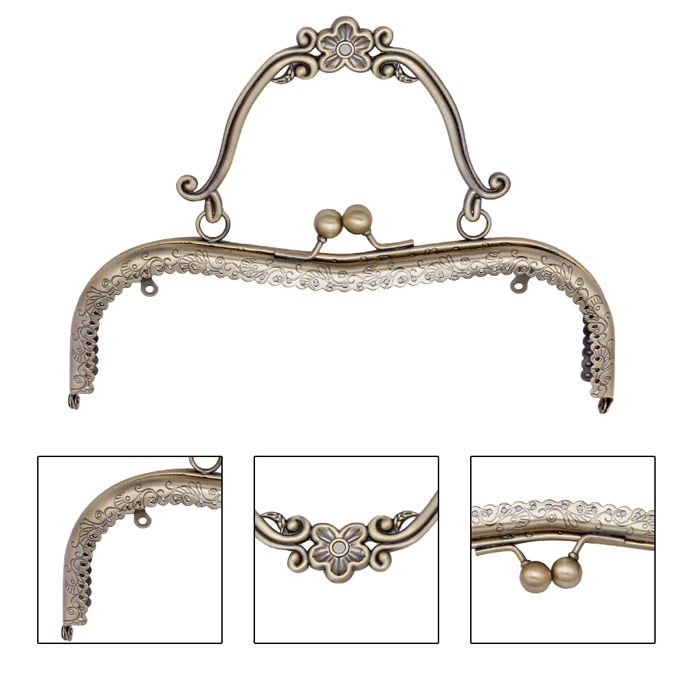 Vintage Metal Purse Frame 20.5cm Vintage Elegant Women Clutch Bag Kiss Clasp Lock with Handle DIY Hardware Accessories