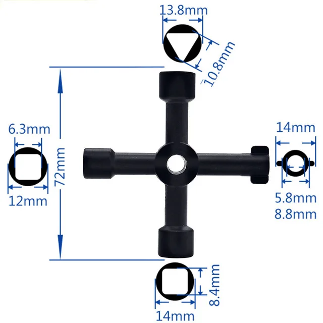 4-Wege-Universal-Kreuz-Dreiecksschlüssel, Schlüssel für Zug, elektrischer Aufzug, Schrank, Ventil, Legierung, Dreieck