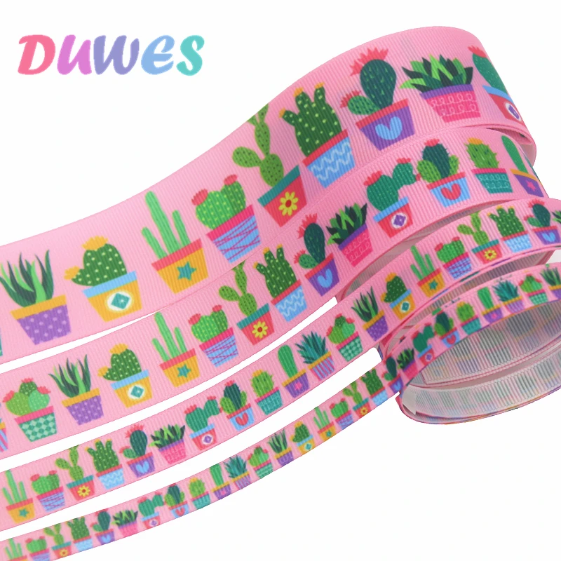 DUWES 4 sizes options 50yards cactus Printed Grosgrain Ribbon Accessory Hairbow Headwear Decoration DIY Wholesale D1329