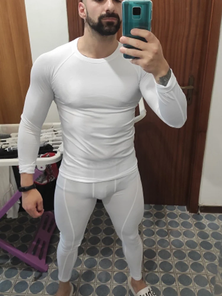 Compression White Sports Underwear Men's Suit Long Sleeve Shirt Leggings Sports 2 Pc Set Winter Fitness Base Second Layer Skin