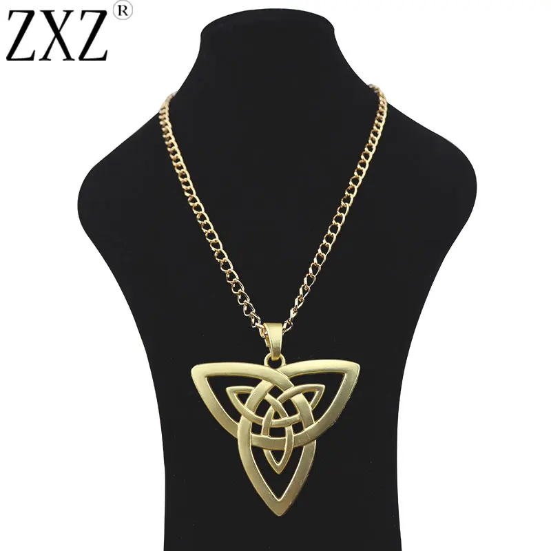 ZXZ Matt Gold Fashion Metal Abstract Celtics Knot Trinity Triquetra Charm Pendant Necklace on Long Link Chain Lagenlook