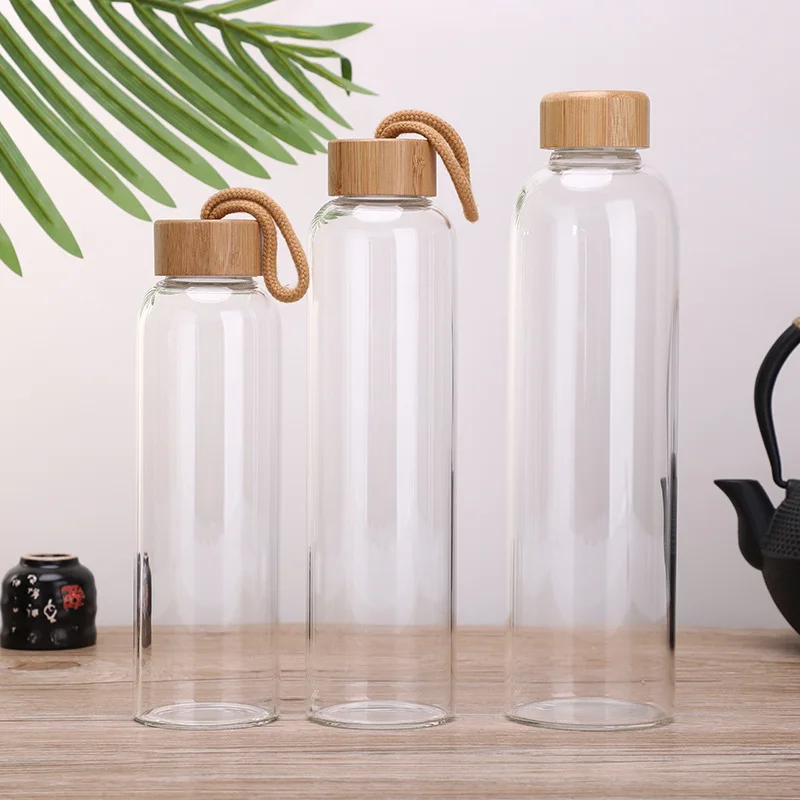 Glass Water Bottle with Bamboo Lid Soda Lime Reusable Drinking Bottle Sauce Jar Juice Beverage Container