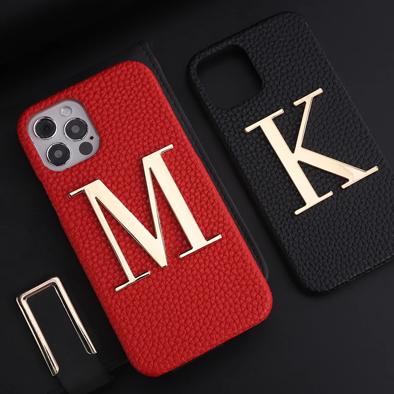 

Luxury Personalise Custom Initials Name A-Z Phone Case For iPhone16 15 14ProMax Plus 13Promax Pebble Leather Metal Letter Funda