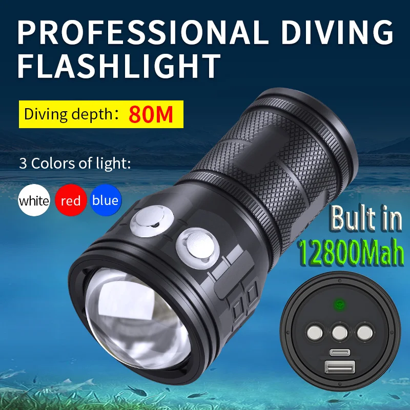 Profession Diving LED Flashlight IPX-8 Level 12800Mah Underwater Photography Fill Light Maximum Diving Depth of 2-500 Meters