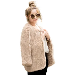 Harppihop*Rabbit fur knit fur jacket autumn and winter women's mid-length cardigan rabbit fur jacket