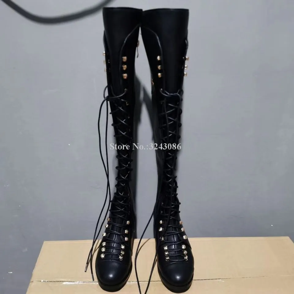 Woman Black Leather Lace-up Flat Long Boots New Cross tied Real Photos Knee High Boots Lady Best Design Comfortable Snow Boots