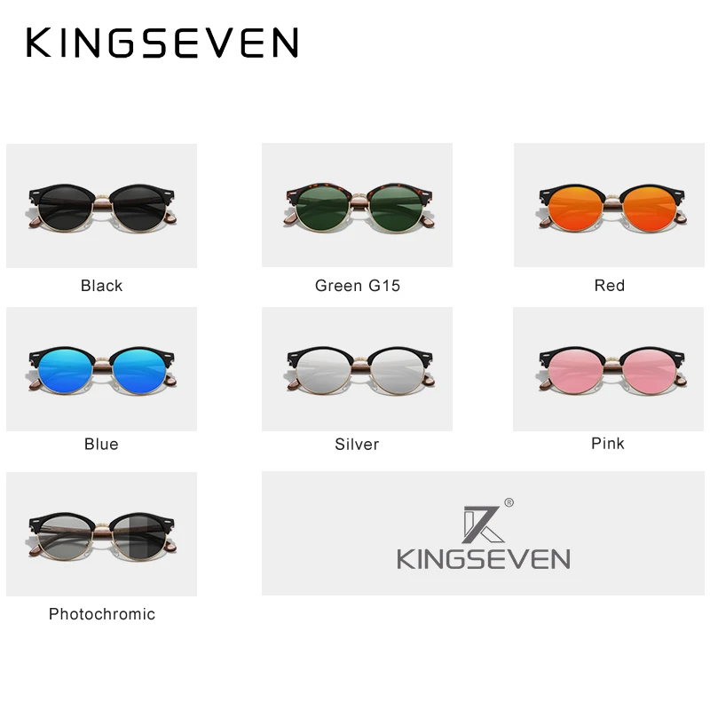 KINGSEVEN New Design Fashion Polarized Wooden Sunglasses Men/Women UV400 Mirror Sun Glasses Round Handmade Eyewear Oculos de sol